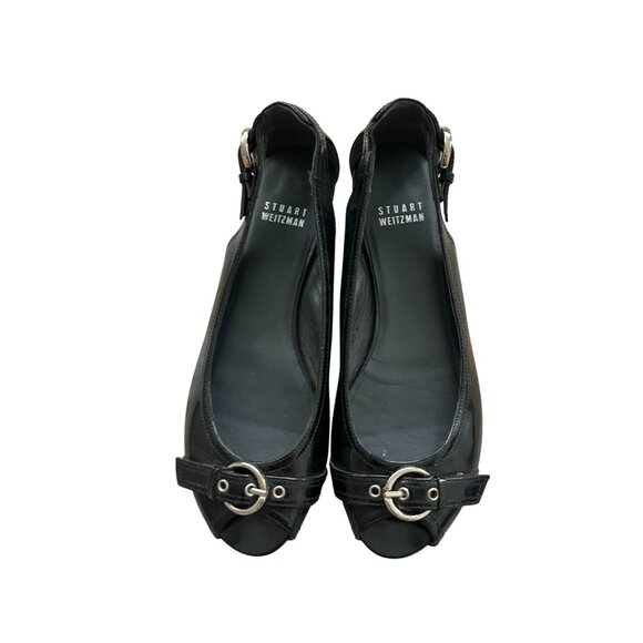 STUART WEITZMAN Black Patent Leather Peeptoe Buckle Flats Size 6.5 - Picture 9 of 9